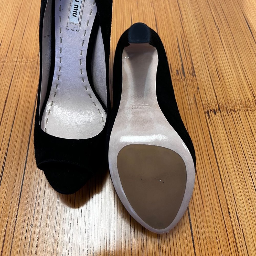 Miu Miu Black Suede Heel Platform Open Toe Heels - image 4